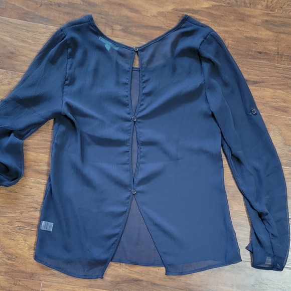 Boutique Style Navy Sheer Long or Quarter Sleeve Size Small Open Back Blouse Top - Picture 6 of 11